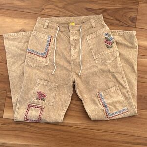 Agua Bendita Moorea Blush Floral Embroidered Straight Cargo Pants